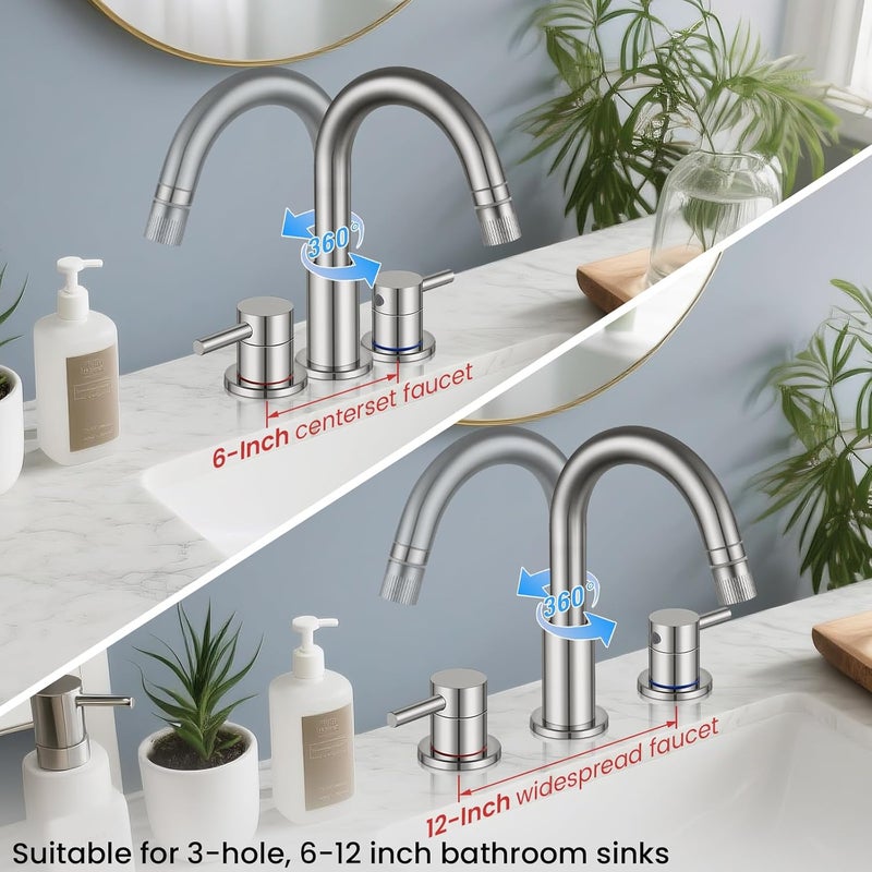 IUERASD Brushed Nickel Pull Down Bathroom Faucet 3 Hole with Pop Up Drain, Bathroom Sink Faucet with Pull Down Sprayer 2 Modes, 8 inch Widespread Gold Faucet for Bathroom Sink, 2 Handle Vanity Faucet - Image 4